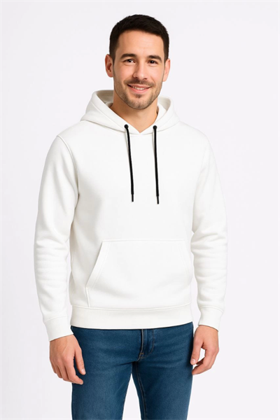 Erkek Üç İplik Kapüşonlu Kanguru Cepli SweatShirt Hoodie - Beyaz