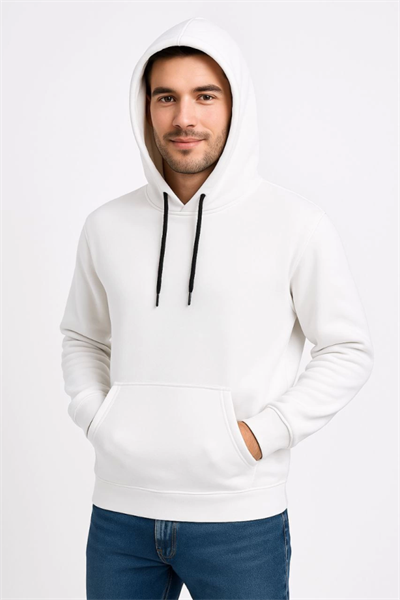 Erkek Üç İplik Kapüşonlu Kanguru Cepli SweatShirt Hoodie - Beyaz