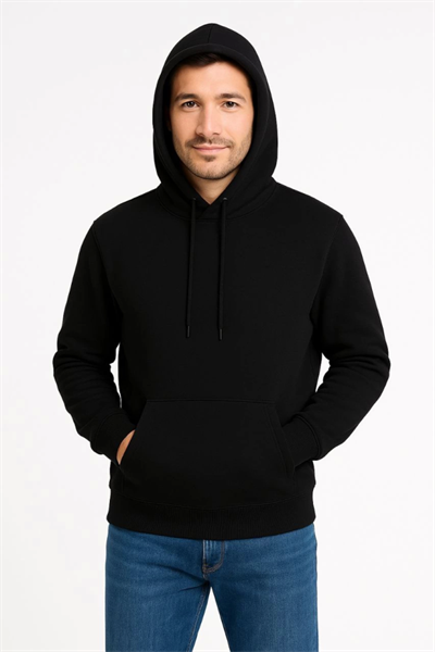 Erkek Üç İplik Kapüşonlu Kanguru Cepli SweatShirt Hoodie - Siyah