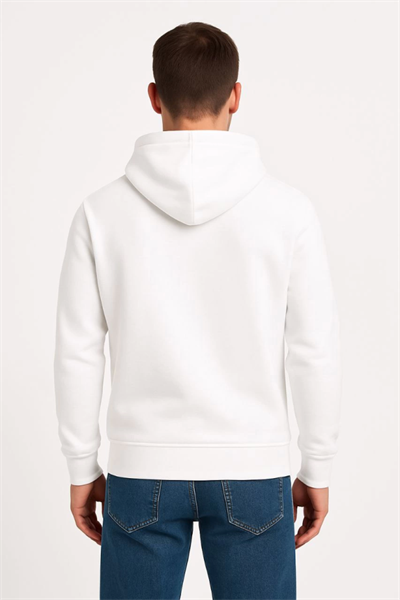Erkek Üç İplik Kapüşonlu Kanguru Cepli SweatShirt Hoodie - Beyaz