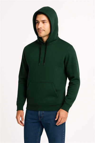 Erkek Üç İplik Kapüşonlu Kanguru Cepli SweatShirt Hoodie - Haki