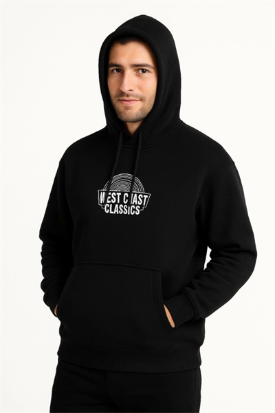 Erkek Üç İplik Kapüşonlu Ön Ve Arka Baskılı SweatShirt Hoodie - Siyah