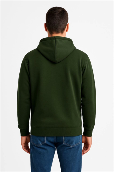 Erkek Üç İplik Kapüşonlu Tam Fermuarlı Kanguru Çepli SweatShirt Hoodie - Haki