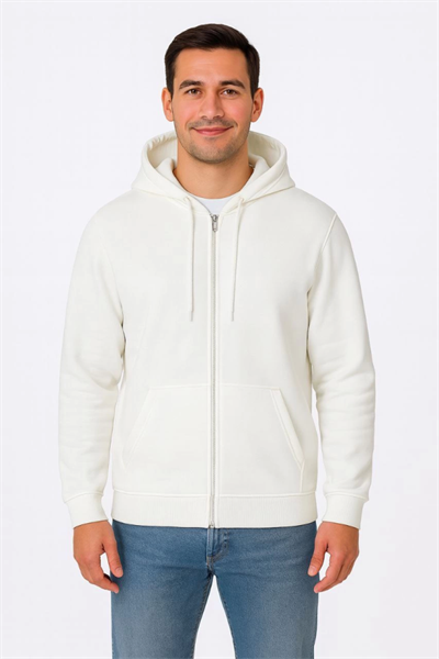 Erkek Üç İplik Kapüşonlu Tam Fermuarlı Kanguru Çepli SweatShirt Hoodie - Beyaz