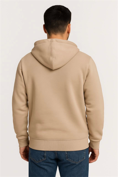 Erkek Üç İplik Kapüşonlu Tam Fermuarlı Kanguru Çepli SweatShirt Hoodie - Bej