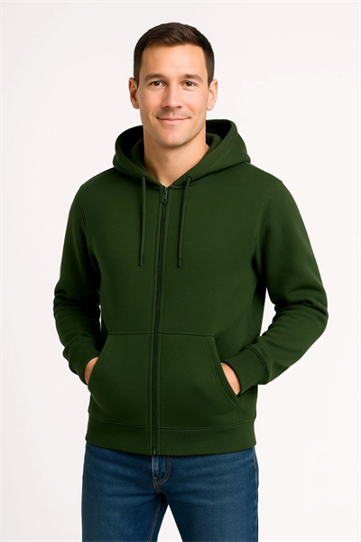 Erkek Üç İplik Kapüşonlu Tam Fermuarlı Kanguru Çepli SweatShirt Hoodie - Haki