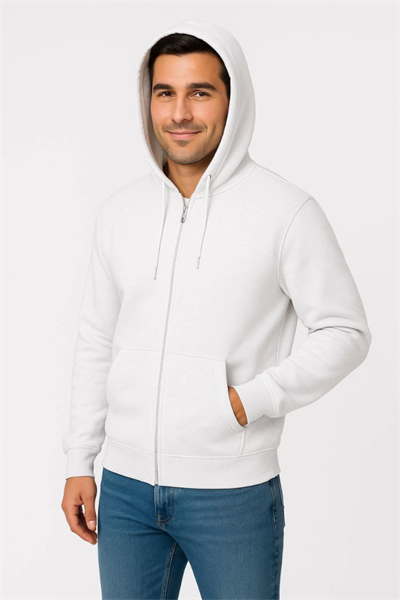 Erkek Üç İplik Kapüşonlu Tam Fermuarlı Kanguru Çepli SweatShirt Hoodie - Beyaz