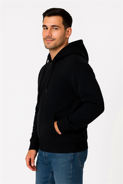 Erkek Üç İplik Kapüşonlu Tam Fermuarlı Kanguru Çepli SweatShirt Hoodie - Siyah