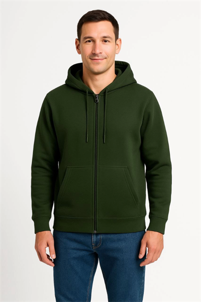 Erkek Üç İplik Kapüşonlu Tam Fermuarlı Kanguru Çepli SweatShirt Hoodie - Haki
