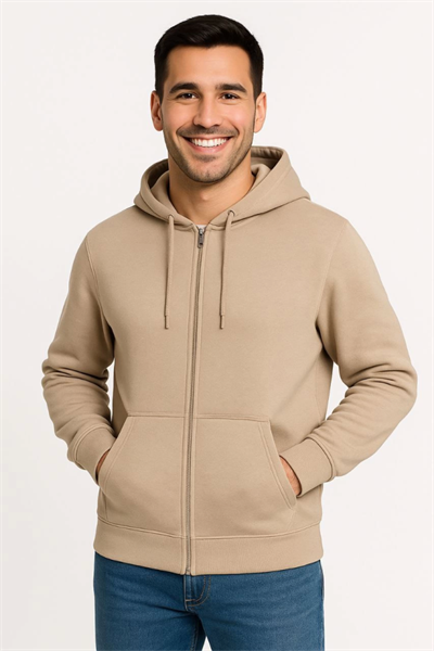 Erkek Üç İplik Kapüşonlu Tam Fermuarlı Kanguru Çepli SweatShirt Hoodie - Bej