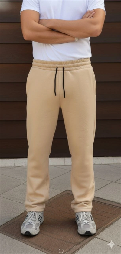 Erkek Üç Iplik Kışlık Pamuklu Ovarsize Bağcıklı Düz Paça Cepli Eşofman Altı Spor Rahat Model - Bej