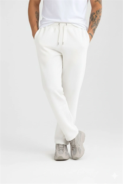 Erkek Üç Iplik Kışlık Pamuklu Ovarsize Bağcıklı Düz Paça Cepli Eşofman Altı Spor Rahat Model - Beyaz