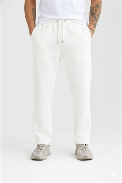 Erkek Üç Iplik Kışlık Pamuklu Ovarsize Bağcıklı Düz Paça Cepli Eşofman Altı Spor Rahat Model - Beyaz