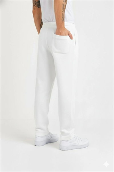 Erkek Üç Iplik Kışlık Pamuklu Ovarsize Bağcıklı Düz Paça Cepli Eşofman Altı Spor Rahat Model - Beyaz