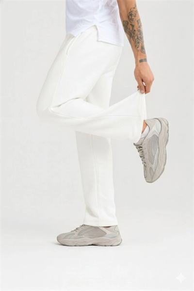 Erkek Üç Iplik Kışlık Pamuklu Ovarsize Bağcıklı Düz Paça Cepli Eşofman Altı Spor Rahat Model - Beyaz