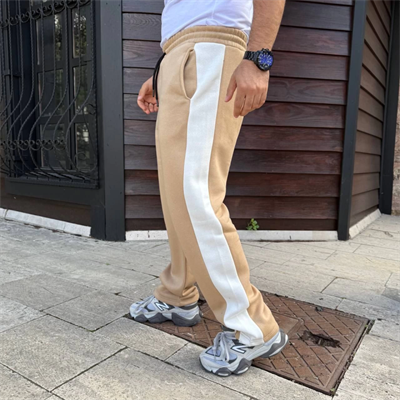 Erkek Üç İplik Kışlık Pamuklu Yandan Garneli Kalın Şeritli Cepli Eşofman Altı - Bej