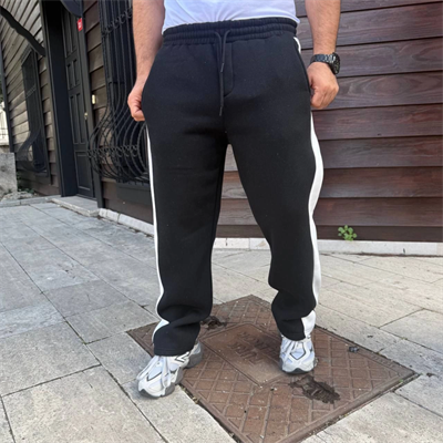 Erkek Üç İplik Kışlık Pamuklu Yandan Garneli Kalın Şeritli Cepli Eşofman Altı - Siyah