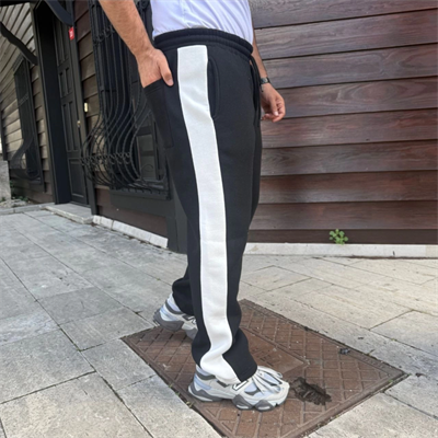 Erkek Üç İplik Kışlık Pamuklu Yandan Garneli Kalın Şeritli Cepli Eşofman Altı - Siyah