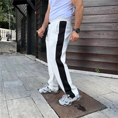 Erkek Üç İplik Kışlık Pamuklu Yandan Garneli Kalın Şeritli Cepli Eşofman Altı - Beyaz