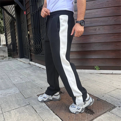 Erkek Üç İplik Kışlık Pamuklu Yandan Garneli Kalın Şeritli Cepli Eşofman Altı - Siyah