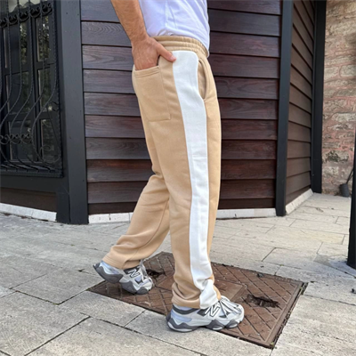 Erkek Üç İplik Kışlık Pamuklu Yandan Garneli Kalın Şeritli Cepli Eşofman Altı - Bej