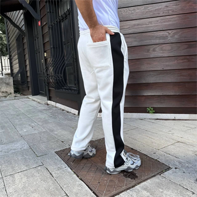 Erkek Üç İplik Kışlık Pamuklu Yandan Garneli Kalın Şeritli Cepli Eşofman Altı - Beyaz