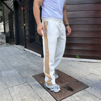 Erkek Üç İplik Kışlık Pamuklu Yandan Garneli Kalın Bej Şeritli Cepli Eşofman Altı - Beyaz