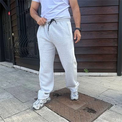 Erkek Üç İplik Kışlık Pamuklu Yandan Garneli Kalın Bej Şeritli Cepli Eşofman Altı - Gri