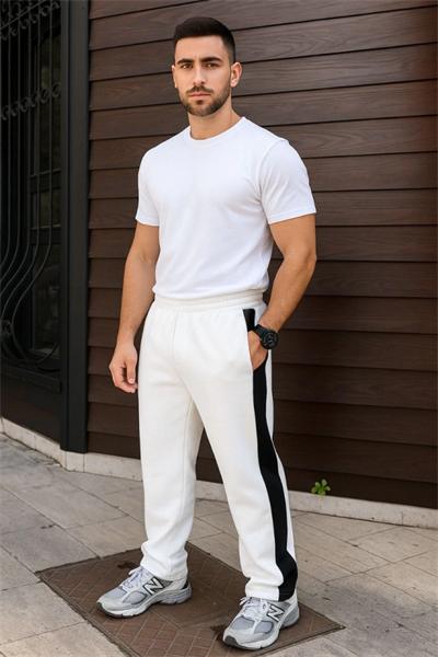 Erkek Üç İplik Kışlık Pamuklu Yandan Garneli Kalın Şeritli Cepli Eşofman Altı - Beyaz