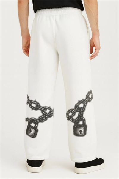 Erkek Üç İplik Pamuklu Baskılı Cepli Jogger Buggy Pantalon Oversize Kalıp - Beyaz