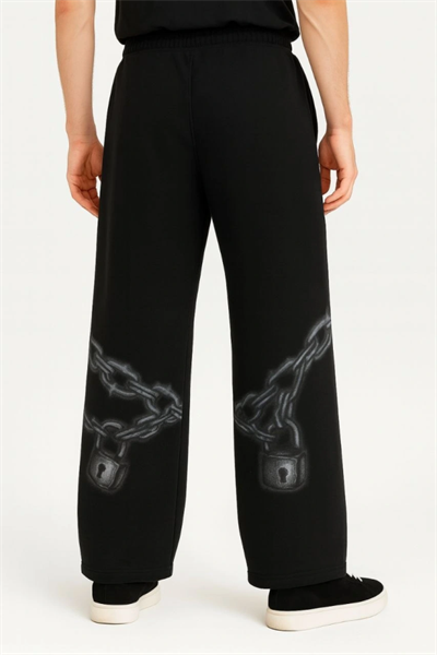 Erkek Üç İplik Pamuklu Baskılı Cepli Jogger Buggy Pantalon Oversize Kalıp - Siyah