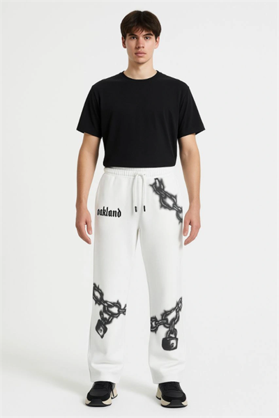 Erkek Üç İplik Pamuklu Baskılı Cepli Jogger Buggy Pantalon Oversize Kalıp - Beyaz