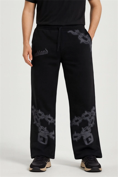 Erkek Üç İplik Pamuklu Baskılı Cepli Jogger Buggy Pantalon Oversize Kalıp - Siyah