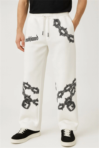 Erkek Üç İplik Pamuklu Baskılı Cepli Jogger Buggy Pantalon Oversize Kalıp - Beyaz