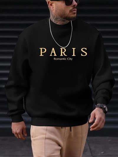 Erkek Uzun Kollu Bisiklet Yaka Paris Yazılı Iki Iplik Sweat