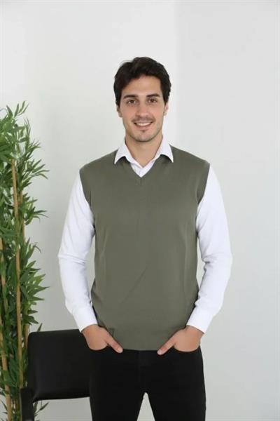 Erkek V Yaka Kolsuz Süveter Triko Kazak Yumuşak Dokulu Pamuklu Ince Dokuma Rahat Regular Kalıp - Haki