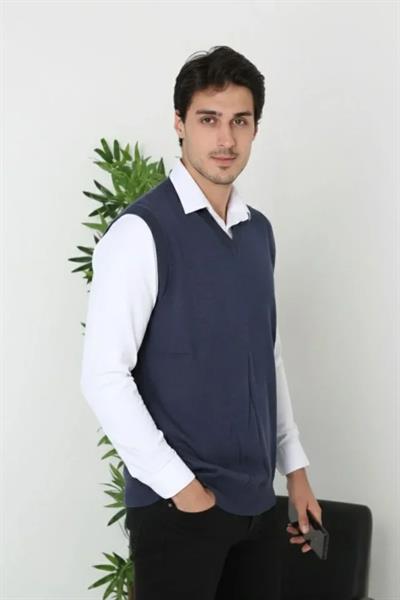 Erkek V Yaka Kolsuz Süveter Triko Kazak Yumuşak Dokulu Pamuklu Ince Dokuma Rahat Regular Kalıp - Lacivert