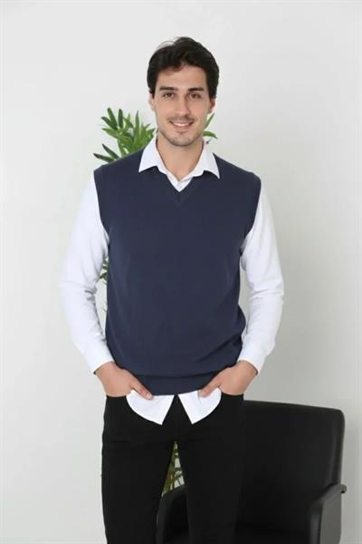 Erkek V Yaka Kolsuz Süveter Triko Kazak Yumuşak Dokulu Pamuklu Ince Dokuma Rahat Regular Kalıp - Lacivert