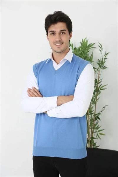 Erkek V Yaka Kolsuz Süveter Triko Kazak Yumuşak Dokulu Pamuklu Ince Dokuma Rahat Regular Kalıp - Mavi