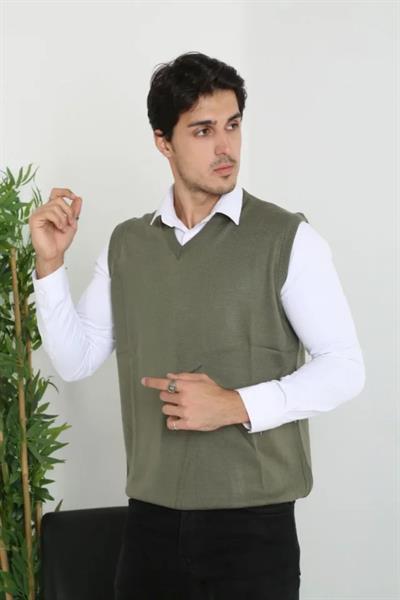 Erkek V Yaka Kolsuz Süveter Triko Kazak Yumuşak Dokulu Pamuklu Ince Dokuma Rahat Regular Kalıp - Haki