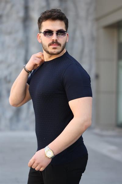 Erkek Viskon Kumaş Bisiklet Yaka Desenli Tişört