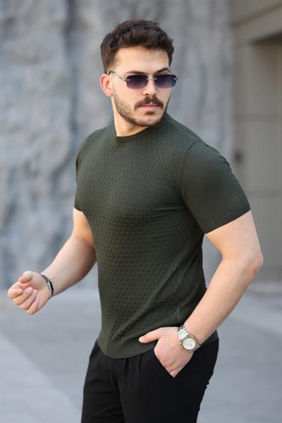 Erkek Viskon Kumaş Bisiklet Yaka Desenli Tişört