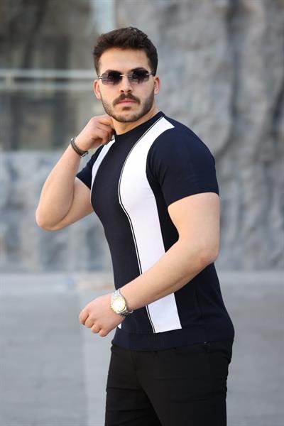 Erkek Viskon Kumaş Bisiklet Yaka çizgi Desenli Tişört