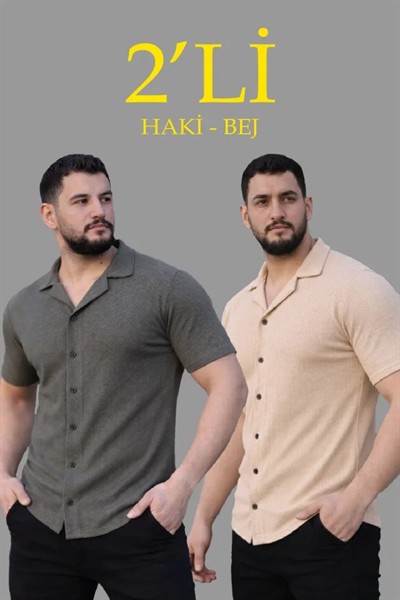 Erkek Waffle Dokuma Açık Yakalı Düğmeli Regular Kalıp 2’li Gömlek Seti - Lacivert - Gri