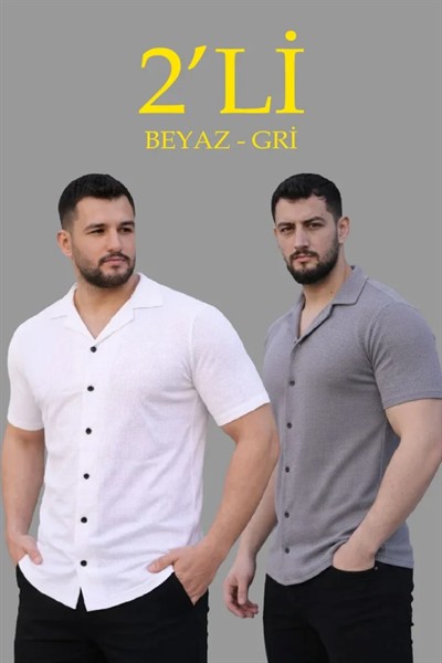 Erkek Waffle Dokuma Açık Yakalı Düğmeli Regular Kalıp 2’li Gömlek Seti - Beyaz - Gri