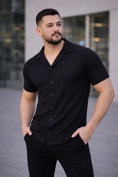 Erkek Waffle Dokuma Açık Yakalı Düğmeli Regular Kalıp 2’li Gömlek Seti - Siyah - Beyaz