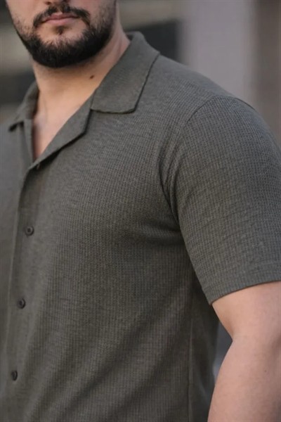 Erkek Waffle Kumaş Kısa Kollu Düğmeli Açık Yaka Regular Fit Gömlek - Haki