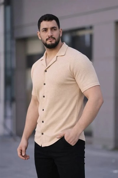 Erkek Waffle Kumaş Kısa Kollu Düğmeli Açık Yaka Regular Fit Gömlek - Bej