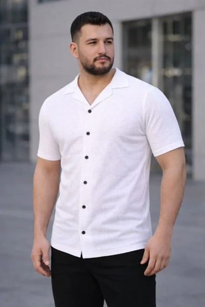 Erkek Waffle Kumaş Kısa Kollu Düğmeli Açık Yaka Regular Fit Gömlek - Beyaz