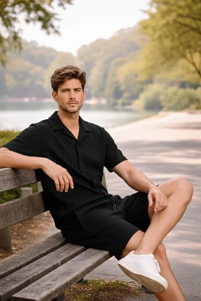 Erkek Waffle Kumaş Kısa Kollu Gömlek Şort Takım Regular Fit Yazlık İkili Set - Siyah